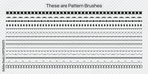 Set of decorative pattern brush lines with elegant black ornamental borders featuring geometric stitched dotted waved and abstract divider styles arranged as horizontal seamless elements.