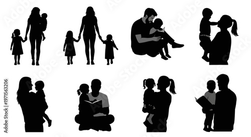 Silhouette icons of diverse family relationships and interactions.