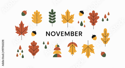 Flat lay of colorful autumn leaves and acorns arranged around the word 'November' on a white background with warm, earthy tones.