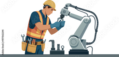 Worker in hard hat and gloves assembling robotic arm, manufacturing process, flat vector illustration.