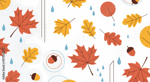 Autumn leaves and acorns falling on a white background with raindrops in a flat lay composition with warm colors.
