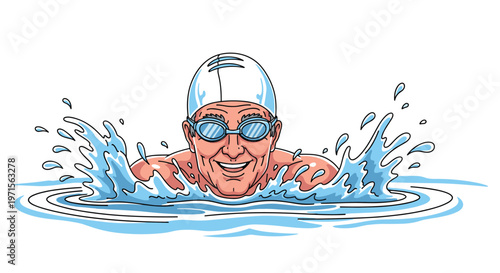 Athletic male swimmer wearing goggles and a swim cap performing a powerful stroke in water with splashing droplets on white background.