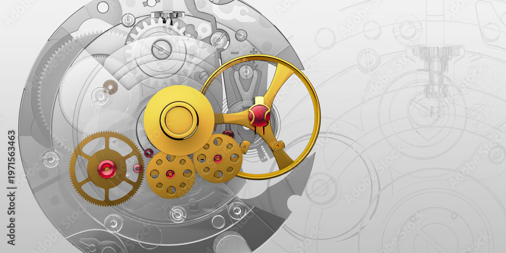 Fototapeta premium Transparent watch mechanism with gears on light background and copy space, 3d render