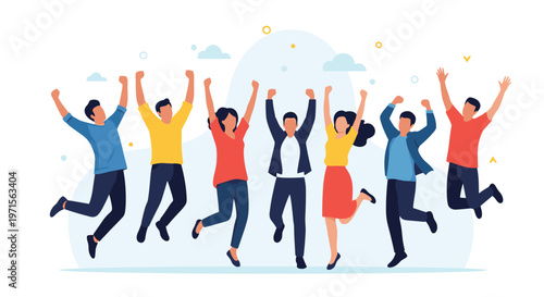 Diverse group of young men and women jumping high in the air together to celebrate a success or shared joy against a soft background.