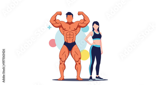 Powerful male bodybuilder showing off his muscles alongside a fit female athlete in gym wear against a simple decorative background.