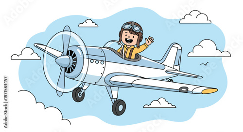 Cheerful young boy wearing a pilot hat and goggles waving from the cockpit of a small vintage propeller plane flying through the clouds.