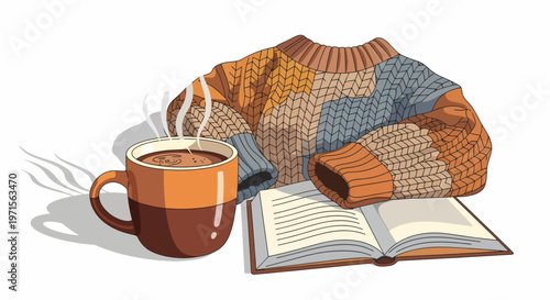 A cozy still life composition featuring a steaming mug of coffee, an open book, and a folded patchwork sweater in warm autumnal tones against a clean white background.
