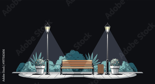 Quiet park bench sitting empty at night between two glowing streetlights against a dark background with bushes and trees.