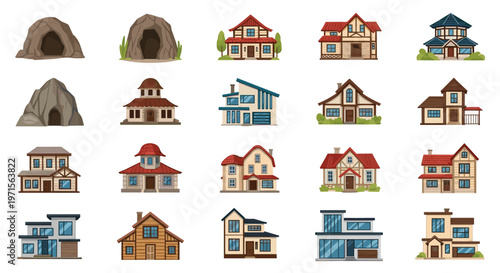 Diverse collection of building illustrations ranging from primitive rock caves to traditional wooden houses and modern glass villas.