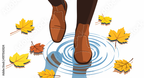 A person's legs wearing brown shoes stepping into a puddle surrounded by colorful autumn leaves on a white background.