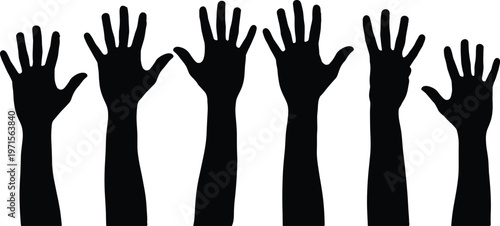Raised hands silhouettes collection, black human arms in different gestures vector illustration isolated on white background for protest, support and participation concept