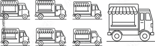 Street food trucks collection in line style, delivery vans and mobile shop vehicles vector illustration set isolated on white background for business