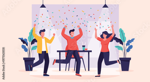 Happy group of friends dancing and celebrating with colorful confetti raining down on them in a joyful party atmosphere.