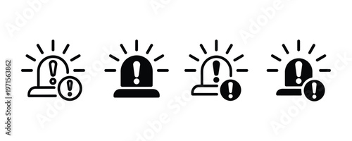 Four black warning light icons with exclamation marks on white background