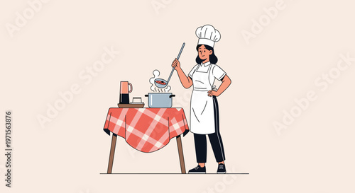 Female chef character in a professional uniform and tall hat tasting a hot meal from a pot on a red checkered table.