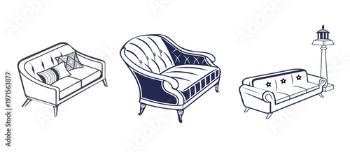 Hand-drawn vector illustration of a comfortable vintage wooden armchair for home interior decoration