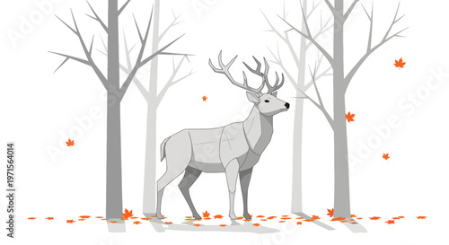 Illustration of a deer standing among bare trees with orange leaves on the ground and in the air.