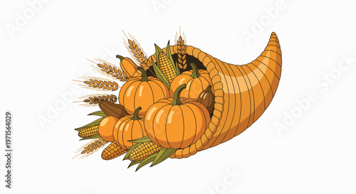 Illustration of a cornucopia filled with pumpkins, corn, and wheat on a white background with warm autumnal tones.
