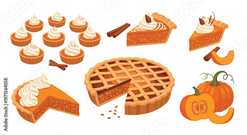 Assorted pumpkin pie treats featuring a whole lattice crust pie, individual slices with whipped cream, cupcakes, and fresh pumpkins.