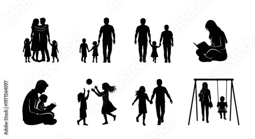Family and parenting silhouette icons set.
