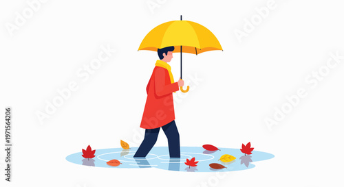 Person walking with a yellow umbrella on a rainy day with autumn leaves scattered around on a white background.