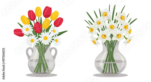 Two glass vases filled with beautiful spring flowers including colorful tulips, white daisies, and bright yellow narcissus or daffodils.