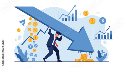 Determined businessman in a suit using his physical strength to try and stop a giant blue downward trending economic arrow.