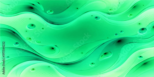 An abstract background design features flowing green and blue waves with a soft silk texture and liquid motion curves
