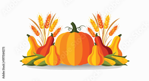 Flat lay illustration of a pumpkin surrounded by ears of wheat and gourds on a white background with warm autumnal tones.