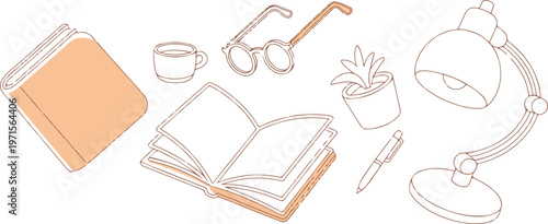 Study space flat lay illustration with open book eyeglasses desk lamp potted plant and coffee cup line art.