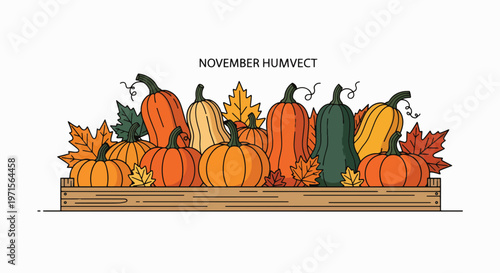 Illustration of various pumpkins and squash on a wooden crate with fall leaves on a white background.