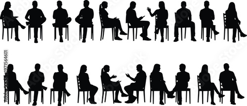 People sitting silhouettes collection, interview discussion concept, business meeting poses, human figures side view, communication teamwork, black white vector illustration