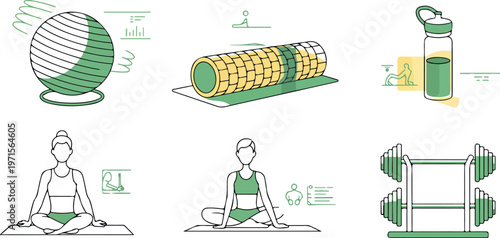 Set of outline icons for fitness and wellness, featuring exercise ball, foam roller, and yoga poses.