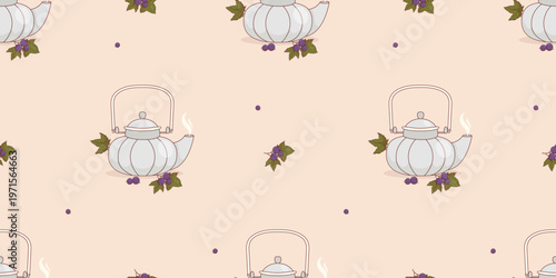Seamless Pattern with Fine Porcelain Teapots and Blackcurrant Berry on Soft Pink Background. Artisan China Teaware Kitchen Decor. High Tea Aesthetic Ribbed Kettle. Horizontal Vector Illustration.