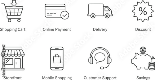 E-commerce outline icon set featuring shopping cart, online payment, delivery truck, discount, storefront, mobile shopping, customer support, and piggy bank savings,