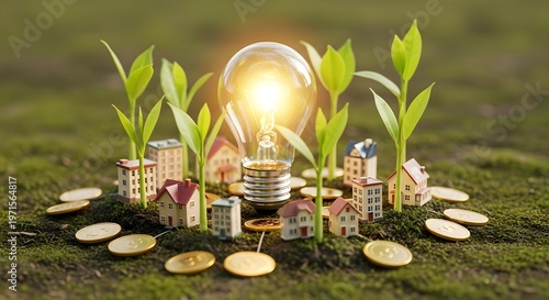 tree growing on light bulb with sunshine in nature. saving energy and eco concept
