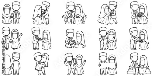 Faceless Muslim couple wedding character outline vector set