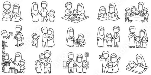 Faceless Muslim family activity coloring page outline vector set