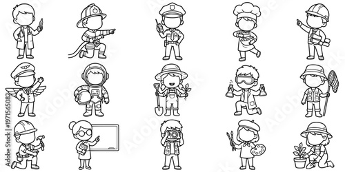 Faceless professions character coloring page outline vector set
