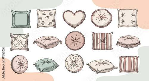 Assorted collection of decorative throw pillows and floor cushions in various shapes, patterns, and soft pastel colors illustration.