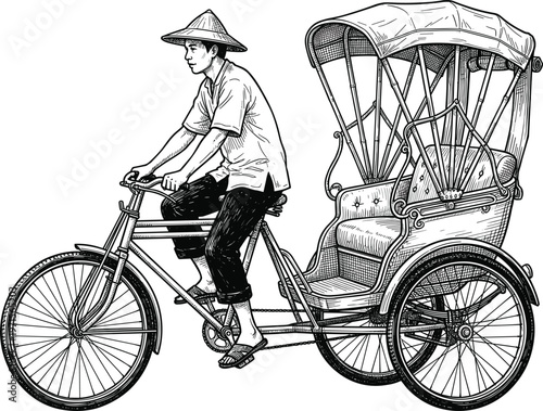 Detailed vintage rickshaw illustration hand drawn cycle taxi with driver traditional transport engraving style black and white artwork.eps
