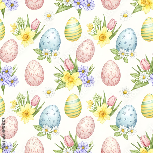 Easter Egg Delight: An artful presentation of painted eggs and floral arrangements, heralding the arrival of spring and Easter's joyous spirit. 