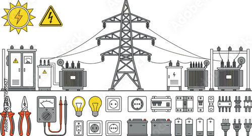 Electrical power distribution system with transmission tower transformer equipment and tools detailed engineering vector illustration set