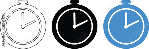 Stopwatch and Pocket Watch Vector Icon Set - Minimalist Outline, Solid Black, and Blue Time Management Illustrations