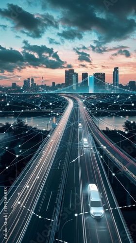 Futuristic smart city highway with light trails