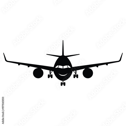 Passenger airplane with landing gear down front view isolated on transparent background vector illustration.