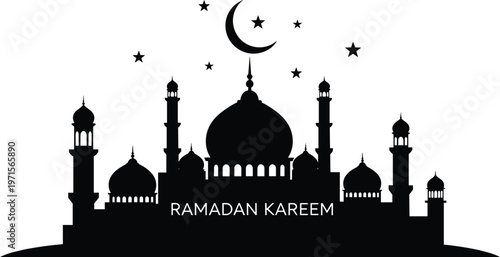 Ramadan kareem mosque silhouette crescent moon and stars islamic holiday celebration.