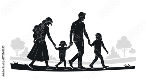A family of four walking together outdoors.