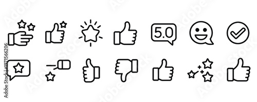 Collection of thumbs up and star rating icons for feedback and review