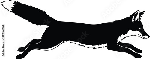 Black silhouette of a fox running, wild animal in motion.